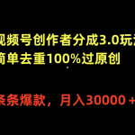 （10002期）视频号创作者分成3.0玩法，简单去重100%过原创，条条爆款，月入30000＋