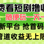 （9747期）免费看短剧撸收益，可挂机批量，随便玩一天一号30+做推广抢首码，管道收益