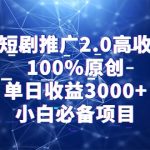 （9236期）视频号短剧推广2.0高收益玩法，100%原创，单日收益3000+，小白必备项目