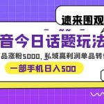 （6281期）抖音今日话题玩法，1条作品涨粉5000，私域高利润单品转化 一部手机日入500